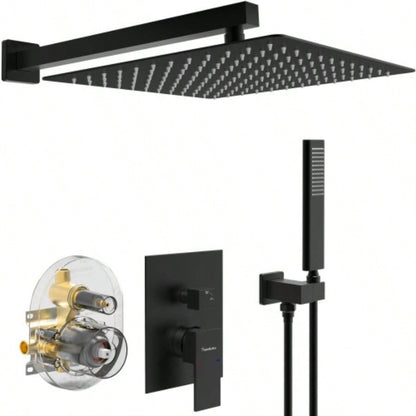 Male NPT Matte Black Shower System, Shower Faucet Set Bathroom Shower Fixtures with 12 Inch Rain Shower and Handheld Pressure Balance Shower Trim Kit Included