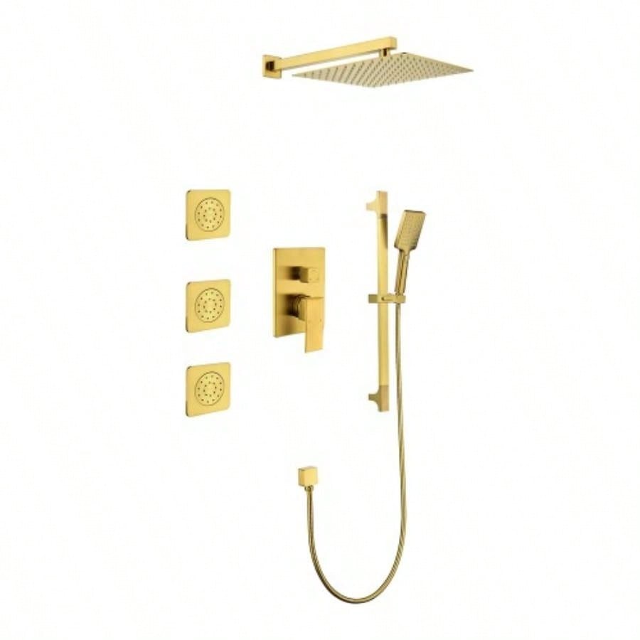 Shower System with Shower, Hand Shower, Slide Bar, Bodysprays, Shower Arm, Hose, Trim, and Lever Handles