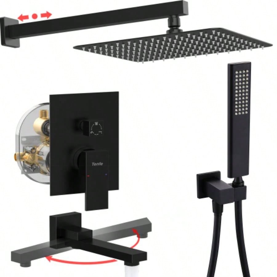 Male NPT Matte Black Shower System, 12 Inch Shower Fixtures Rain Shower with Handheld Shower Spray, Wall Mount Shower Faucet Set BathroomPressure Balance Shower Trim Kit Included
