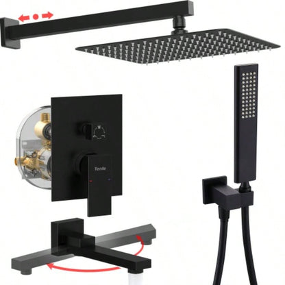 Male NPT Matte Black Shower System, 12 Inch Shower Fixtures Rain Shower with Handheld Shower Spray, Wall Mount Shower Faucet Set BathroomPressure Balance Shower Trim Kit Included
