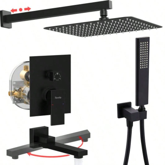 Male NPT Matte Black Shower System, 12 Inch Shower Fixtures Rain Shower with Handheld Shower Spray, Wall Mount Shower Faucet Set BathroomPressure Balance Shower Trim Kit Included