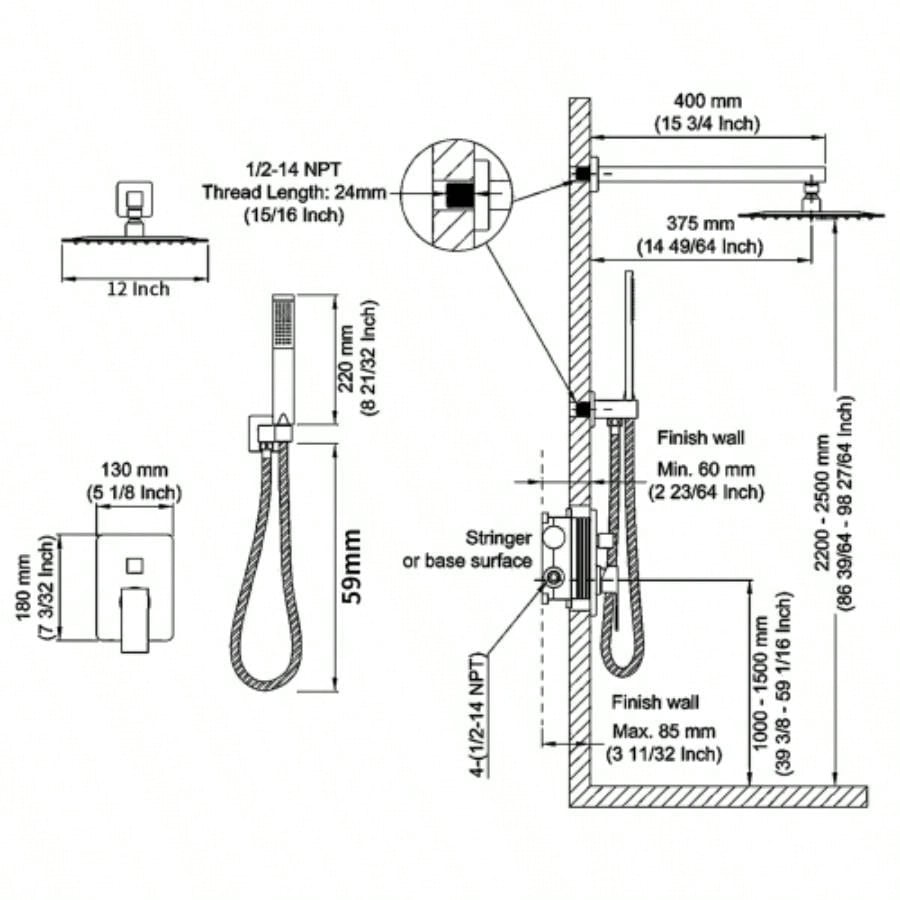 Shower System Shower Faucet Combo Set Wall Mounted with 12 Rainfall Shower and handheld shower faucet, Matte Black with Brass Rough - In