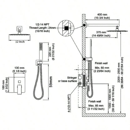 Shower System Shower Faucet Combo Set Wall Mounted with 12 Rainfall Shower and handheld shower faucet, Matte Black with Brass Rough - In
