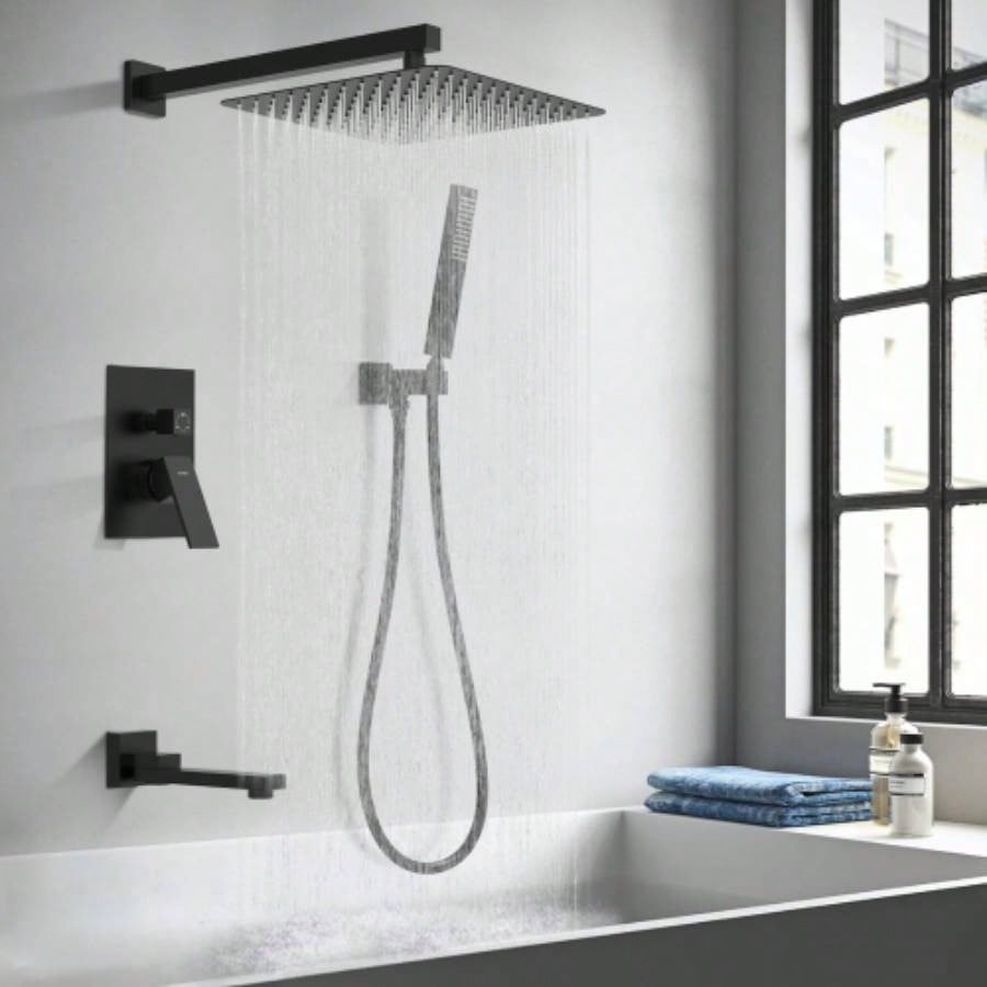 Male NPT Matte Black Shower System, 12 Inch Shower Fixtures Rain Shower with Handheld Shower Spray, Wall Mount Shower Faucet Set BathroomPressure Balance Shower Trim Kit Included
