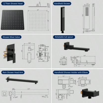 Male NPT Matte Black Shower System, 12 Inch Shower Fixtures Rain Shower with Handheld Shower Spray, Wall Mount Shower Faucet Set BathroomPressure Balance Shower Trim Kit Included