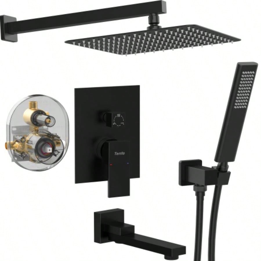 Male NPT Matte Black Shower System, 12 Inch Shower Fixtures Rain Shower with Handheld Shower Spray, Wall Mount Shower Faucet Set BathroomPressure Balance Shower Trim Kit Included