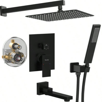 Male NPT Matte Black Shower System, 12 Inch Shower Fixtures Rain Shower with Handheld Shower Spray, Wall Mount Shower Faucet Set BathroomPressure Balance Shower Trim Kit Included
