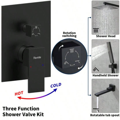 Male NPT Matte Black Shower System, 12 Inch Shower Fixtures Rain Shower with Handheld Shower Spray, Wall Mount Shower Faucet Set BathroomPressure Balance Shower Trim Kit Included