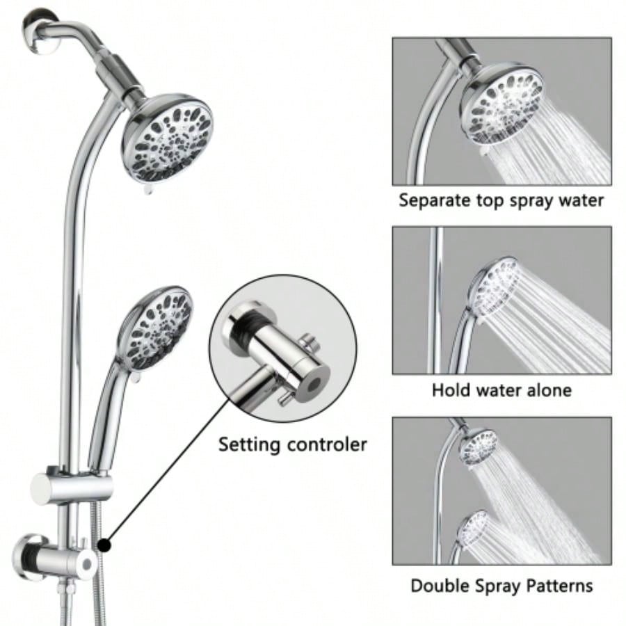 Drill - Stainless Steel Slide Bar Combo Rain Showerhead - Setting Hand, Dual Shower Spa System