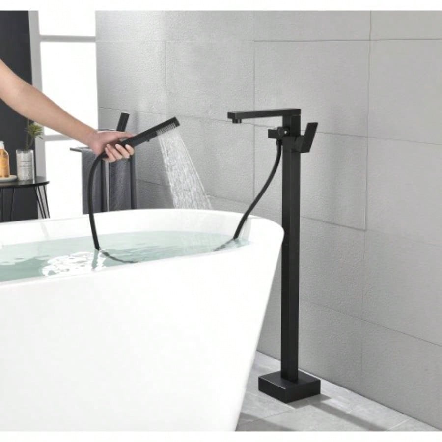 Floor Mounted Tub Faucet High Flow Freestanding Tub Filler Faucet with Handheld Shower and Swivel Spout