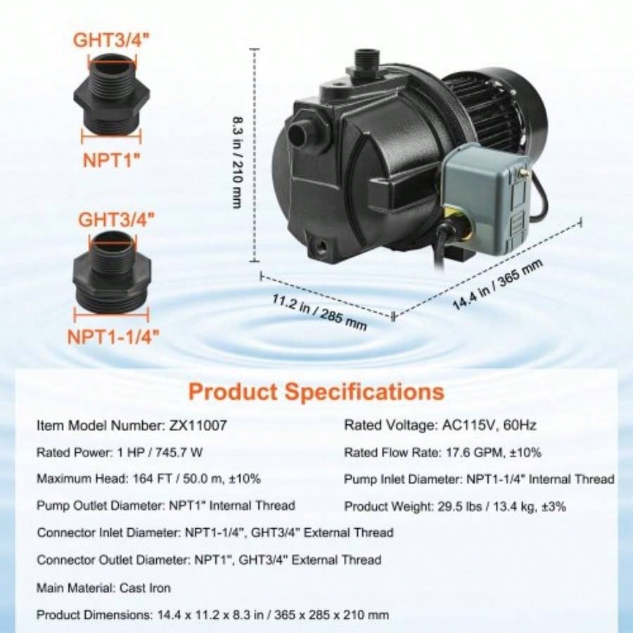 1HP Premium Cast Iron Shallow Well Jet Pump, 115 Volt, 17.6 GPM 164 FT Maximum Irrigation Pump, Agricultural Garden Irrigation System High - Rise Supply Shower Booster