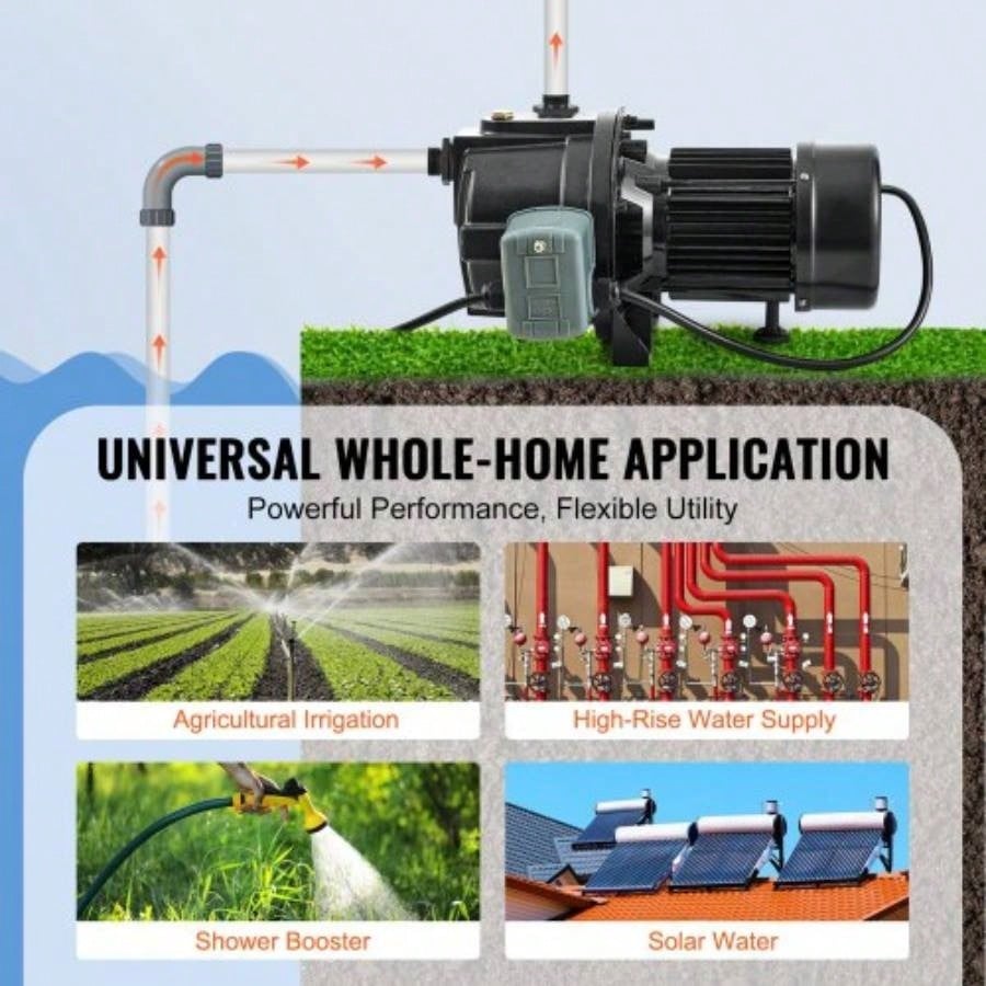 1HP Premium Cast Iron Shallow Well Jet Pump, 115 Volt, 17.6 GPM 164 FT Maximum Irrigation Pump, Agricultural Garden Irrigation System High - Rise Supply Shower Booster