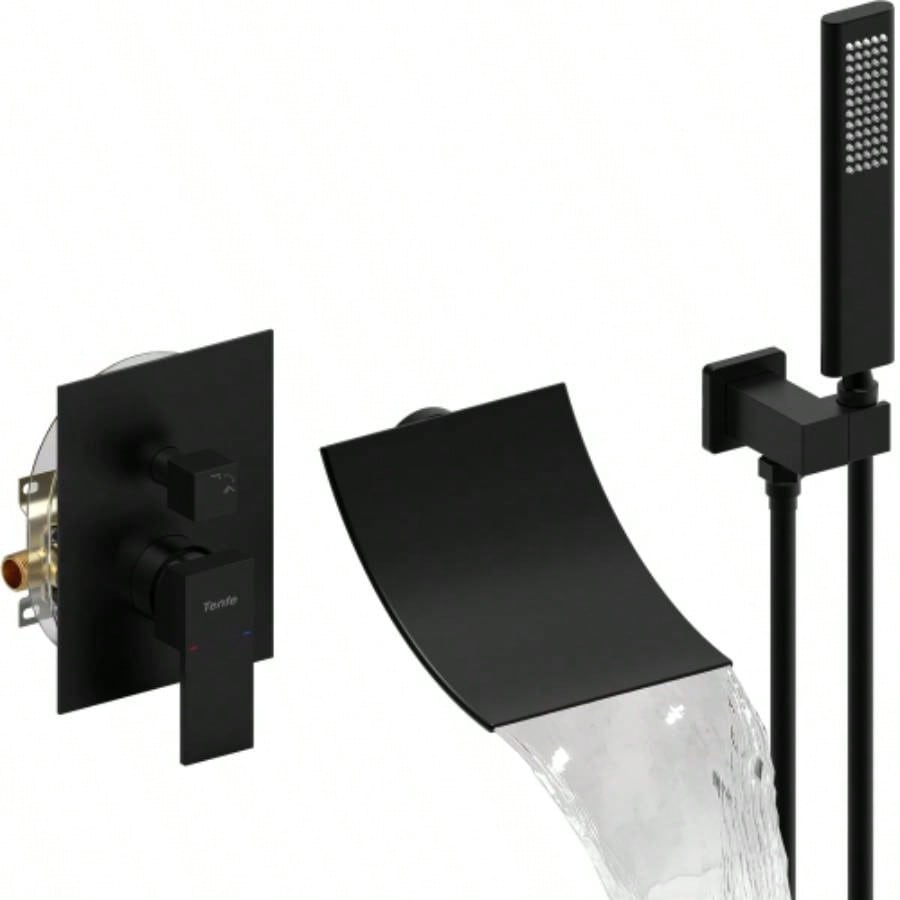 Male NPT Waterfall Shower with Handheld, Matte Black Bathtub Shower Faucet with High Flow Wall Mount Tub Faucet, Single Handle Bathroom Tub Mixer Tap Hand Shower System with Curved Spout Commercial
