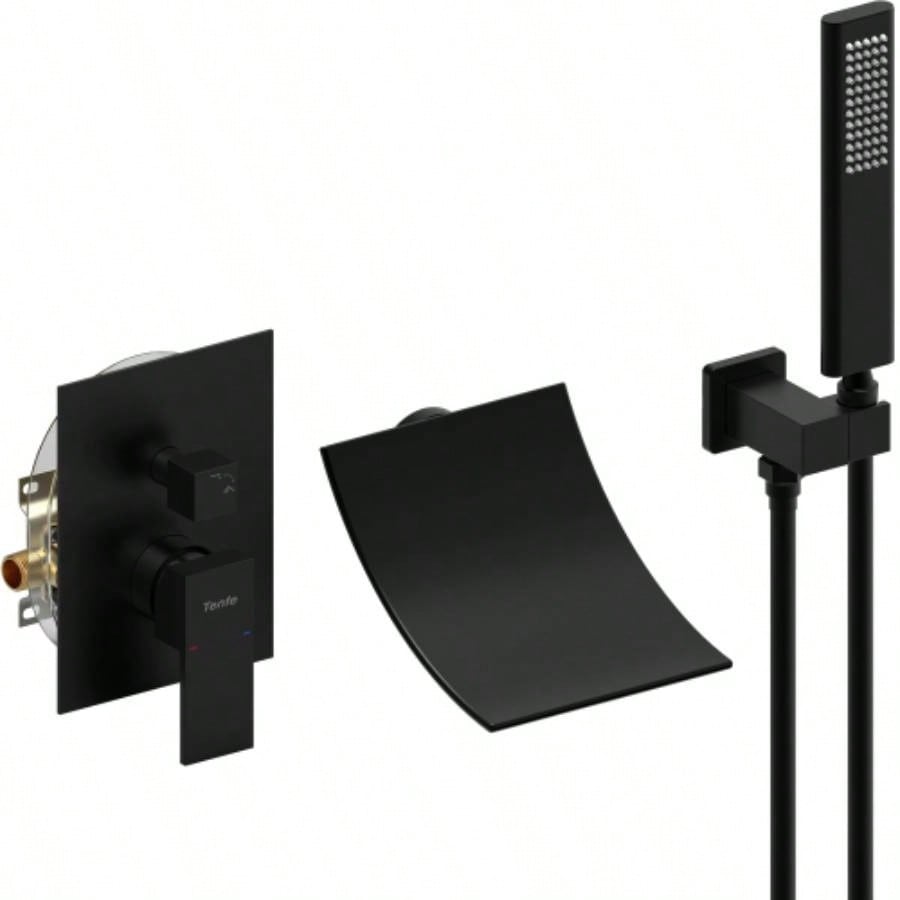 Male NPT Waterfall Shower with Handheld, Matte Black Bathtub Shower Faucet with High Flow Wall Mount Tub Faucet, Single Handle Bathroom Tub Mixer Tap Hand Shower System with Curved Spout Commercial