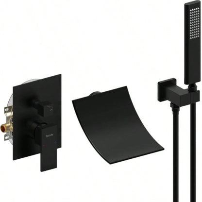 Male NPT Waterfall Shower with Handheld, Matte Black Bathtub Shower Faucet with High Flow Wall Mount Tub Faucet, Single Handle Bathroom Tub Mixer Tap Hand Shower System with Curved Spout Commercial