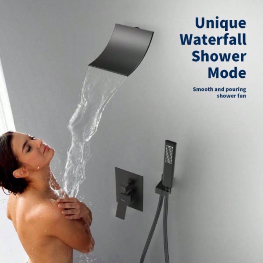 Male NPT Waterfall Shower with Handheld, Matte Black Bathtub Shower Faucet with High Flow Wall Mount Tub Faucet, Single Handle Bathroom Tub Mixer Tap Hand Shower System with Curved Spout Commercial