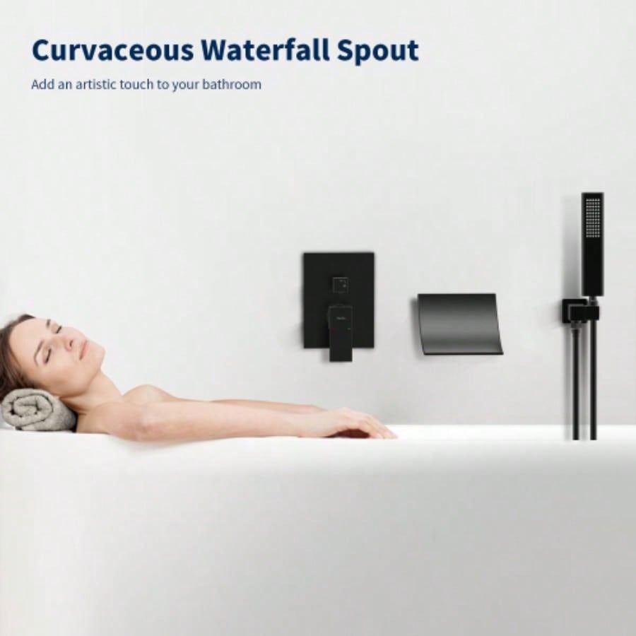Male NPT Waterfall Shower with Handheld, Matte Black Bathtub Shower Faucet with High Flow Wall Mount Tub Faucet, Single Handle Bathroom Tub Mixer Tap Hand Shower System with Curved Spout Commercial