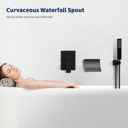 Male NPT Waterfall Shower with Handheld, Matte Black Bathtub Shower Faucet with High Flow Wall Mount Tub Faucet, Single Handle Bathroom Tub Mixer Tap Hand Shower System with Curved Spout Commercial