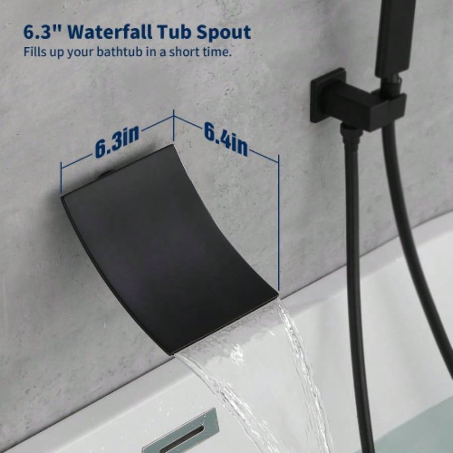 Male NPT Waterfall Shower with Handheld, Matte Black Bathtub Shower Faucet with High Flow Wall Mount Tub Faucet, Single Handle Bathroom Tub Mixer Tap Hand Shower System with Curved Spout Commercial