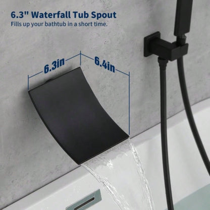 Male NPT Waterfall Shower with Handheld, Matte Black Bathtub Shower Faucet with High Flow Wall Mount Tub Faucet, Single Handle Bathroom Tub Mixer Tap Hand Shower System with Curved Spout Commercial
