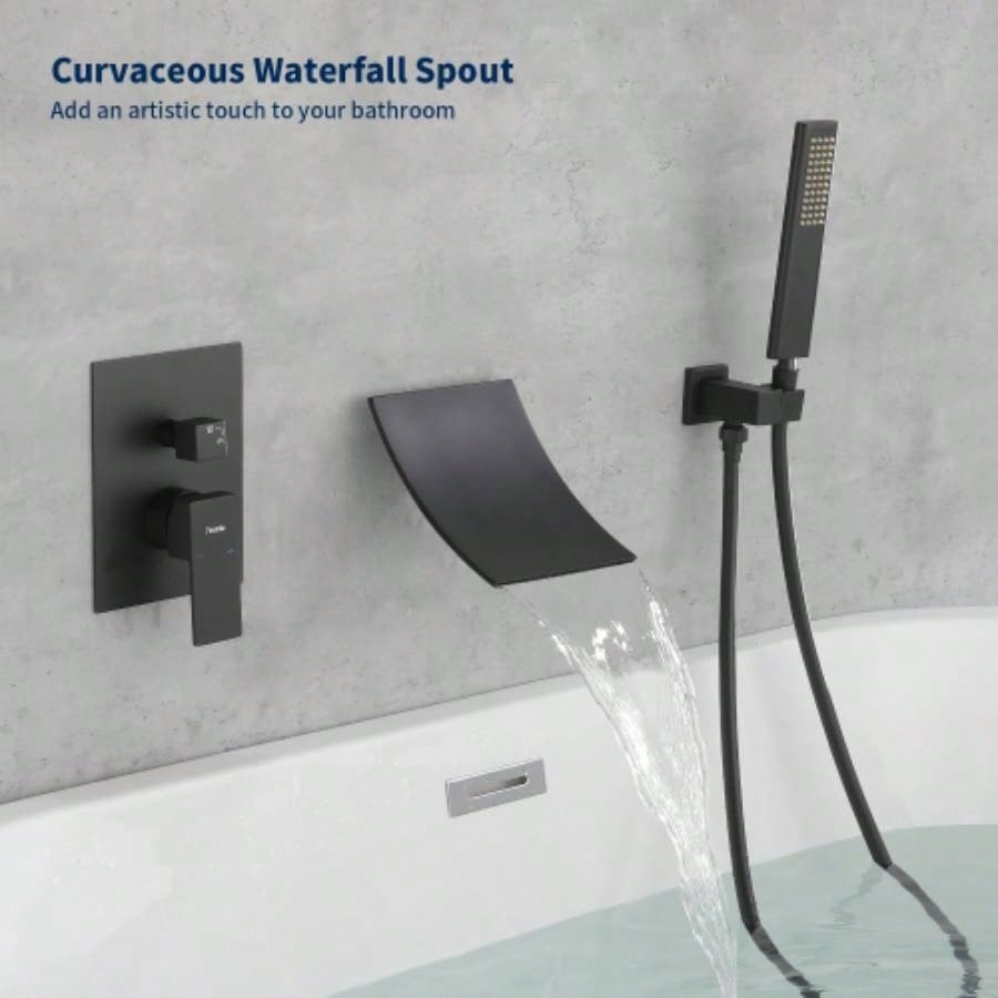 Male NPT Waterfall Shower with Handheld, Matte Black Bathtub Shower Faucet with High Flow Wall Mount Tub Faucet, Single Handle Bathroom Tub Mixer Tap Hand Shower System with Curved Spout Commercial