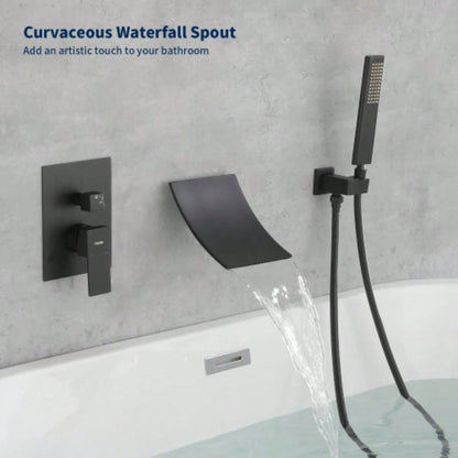 Male NPT Waterfall Shower with Handheld, Matte Black Bathtub Shower Faucet with High Flow Wall Mount Tub Faucet, Single Handle Bathroom Tub Mixer Tap Hand Shower System with Curved Spout Commercial