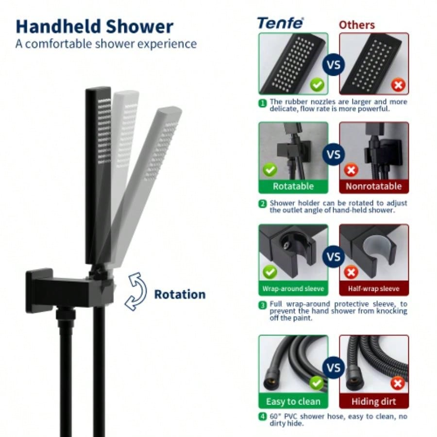Male NPT Waterfall Shower with Handheld, Matte Black Bathtub Shower Faucet with High Flow Wall Mount Tub Faucet, Single Handle Bathroom Tub Mixer Tap Hand Shower System with Curved Spout Commercial