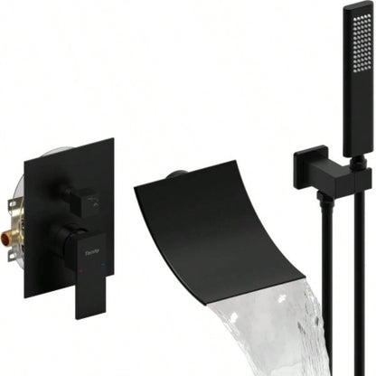 Male NPT Waterfall Shower with Handheld, Matte Black Bathtub Shower Faucet with High Flow Wall Mount Tub Faucet, Single Handle Bathroom Tub Mixer Tap Hand Shower System with Curved Spout Commercial