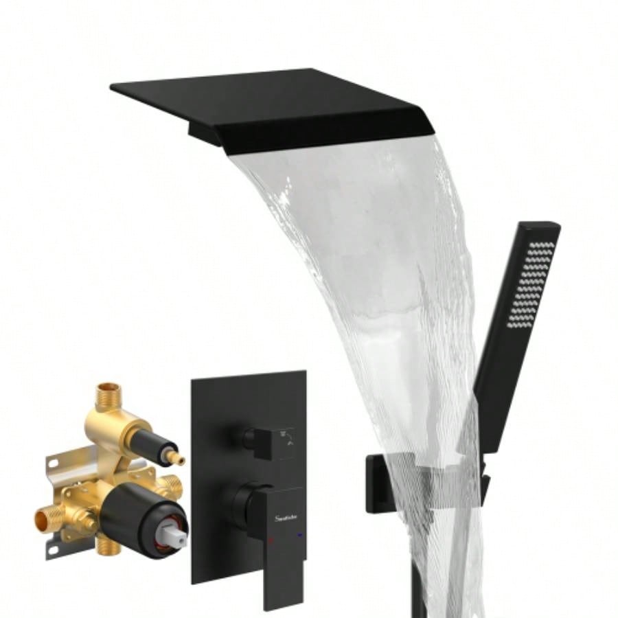 Male NPT Waterfall Shower with Handheld, Matte Black Bathtub Shower Faucet with High Flow Wall Mount Tub Faucet, Single Handle Bathroom Tub Mixer Tap Hand Shower System with Curved Spout Commercial