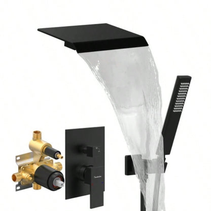 Male NPT Waterfall Shower with Handheld, Matte Black Bathtub Shower Faucet with High Flow Wall Mount Tub Faucet, Single Handle Bathroom Tub Mixer Tap Hand Shower System with Curved Spout Commercial