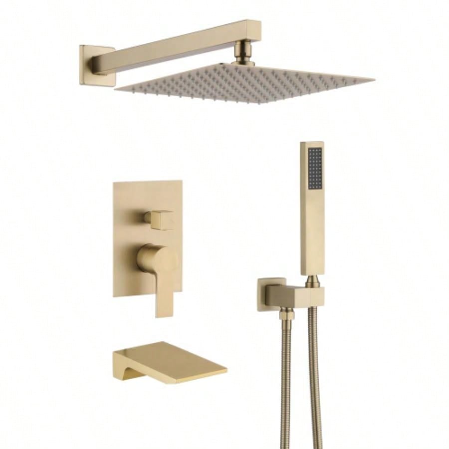 Shower System Bathroom Luxury 12 Inch Rain Shower with Handheld Mixer Shower Combo Set Wall Mounted Shower Faucet Trim with Brushed Gold