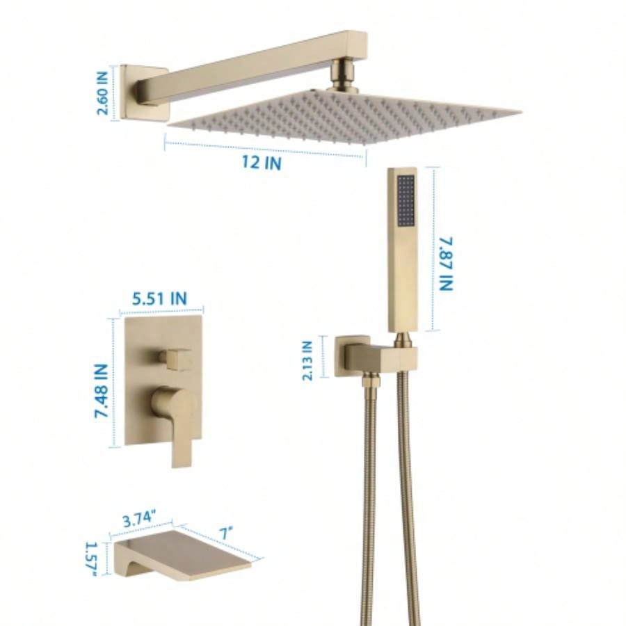 Shower System Bathroom Luxury 12 Inch Rain Shower with Handheld Mixer Shower Combo Set Wall Mounted Shower Faucet Trim with Brushed Gold