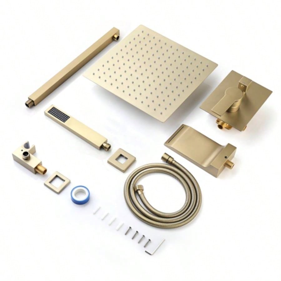 Shower System Bathroom Luxury 12 Inch Rain Shower with Handheld Mixer Shower Combo Set Wall Mounted Shower Faucet Trim with Brushed Gold