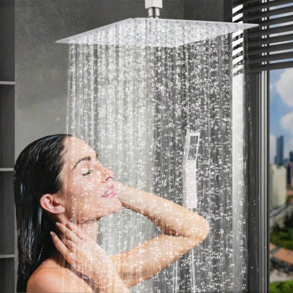 12 Inch Ceiling Mount Brushed Nickel Shower System Bathroom Luxury Rain Mixer Shower Combo Set Ceiling Rainfall Shower System
