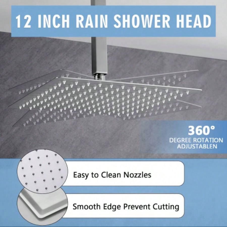 12 Inch Ceiling Mount Brushed Nickel Shower System Bathroom Luxury Rain Mixer Shower Combo Set Ceiling Rainfall Shower System