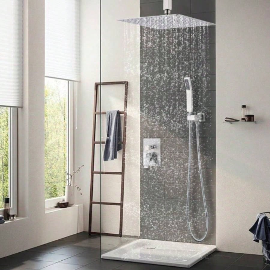 12 Inch Ceiling Mount Brushed Nickel Shower System Bathroom Luxury Rain Mixer Shower Combo Set Ceiling Rainfall Shower System