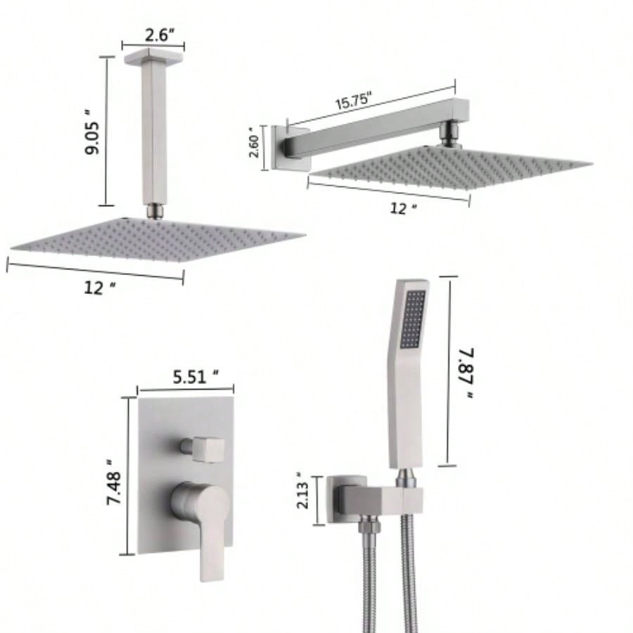 12 Inch Ceiling Mount Brushed Nickel Shower System Bathroom Luxury Rain Mixer Shower Combo Set Ceiling Rainfall Shower System