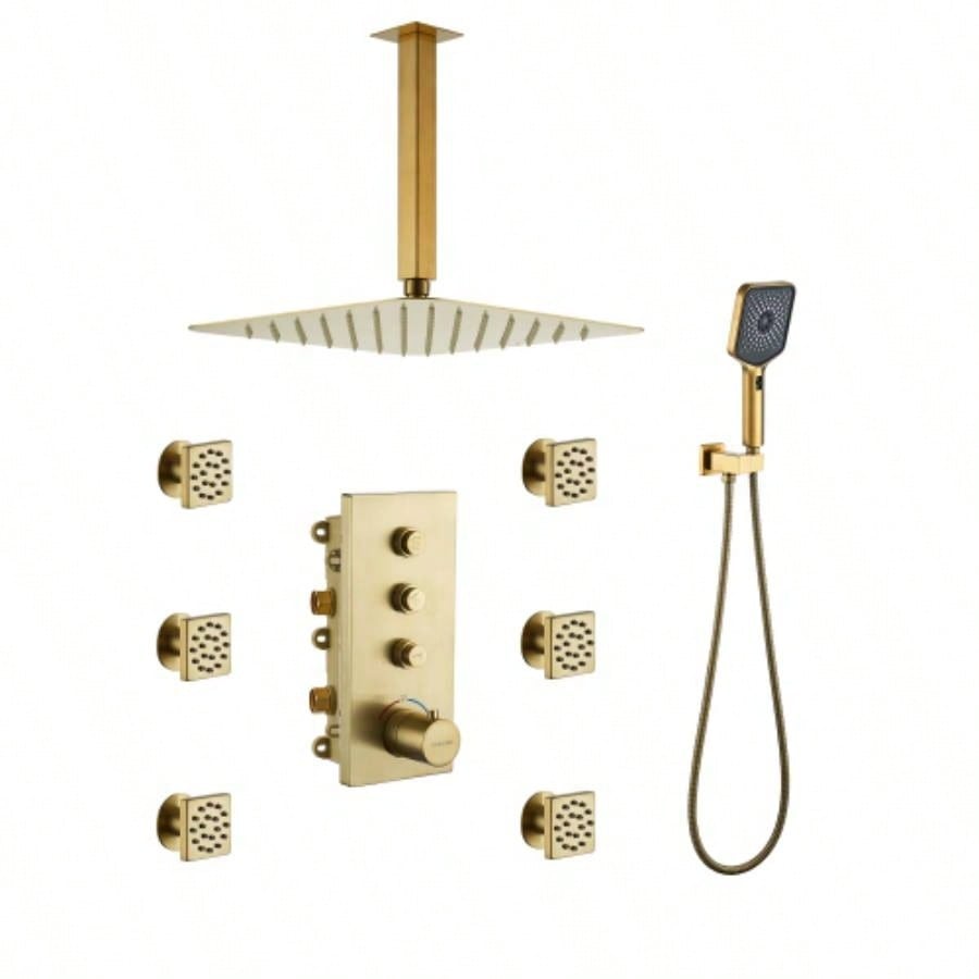 3 - Function 12 - Inch Ceiling - Mounted Thermostatic Shower System in Brushed Gold with Square Shower