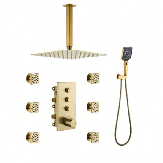 3 - Function 12 - Inch Ceiling - Mounted Thermostatic Shower System in Brushed Gold with Square Shower