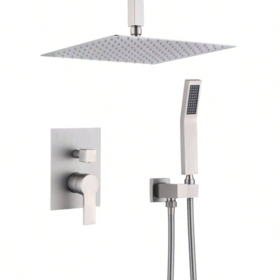 12 Inch Ceiling Mount Brushed Nickel Shower System Bathroom Luxury Rain Mixer Shower Combo Set Ceiling Rainfall Shower System
