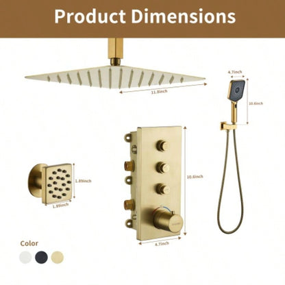 3 - Function 12 - Inch Ceiling - Mounted Thermostatic Shower System in Brushed Gold with Square Shower