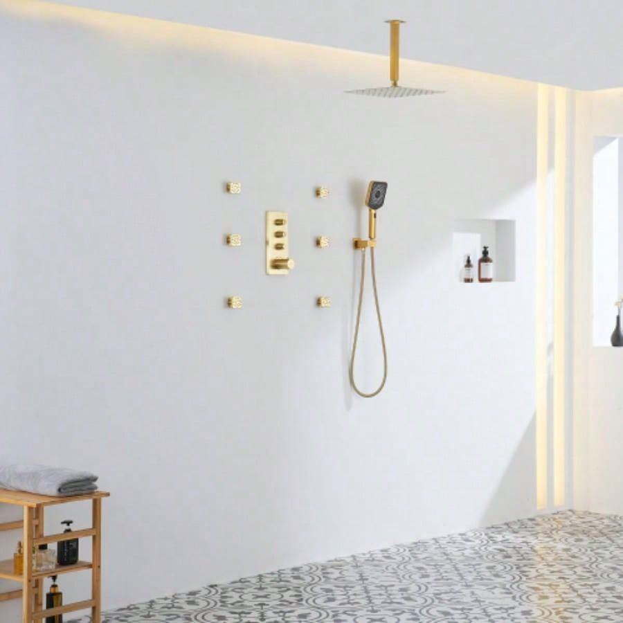 3 - Function 12 - Inch Ceiling - Mounted Thermostatic Shower System in Brushed Gold with Square Shower