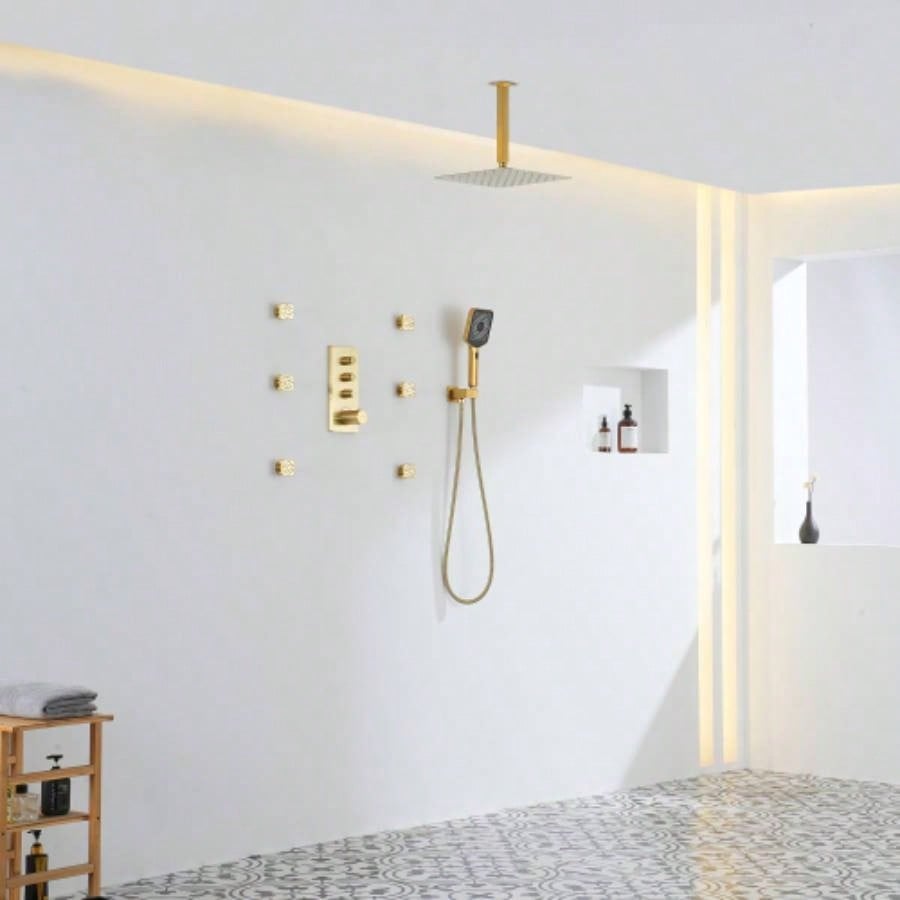3 - Function 12 - Inch Ceiling - Mounted Thermostatic Shower System in Brushed Gold with Square Shower
