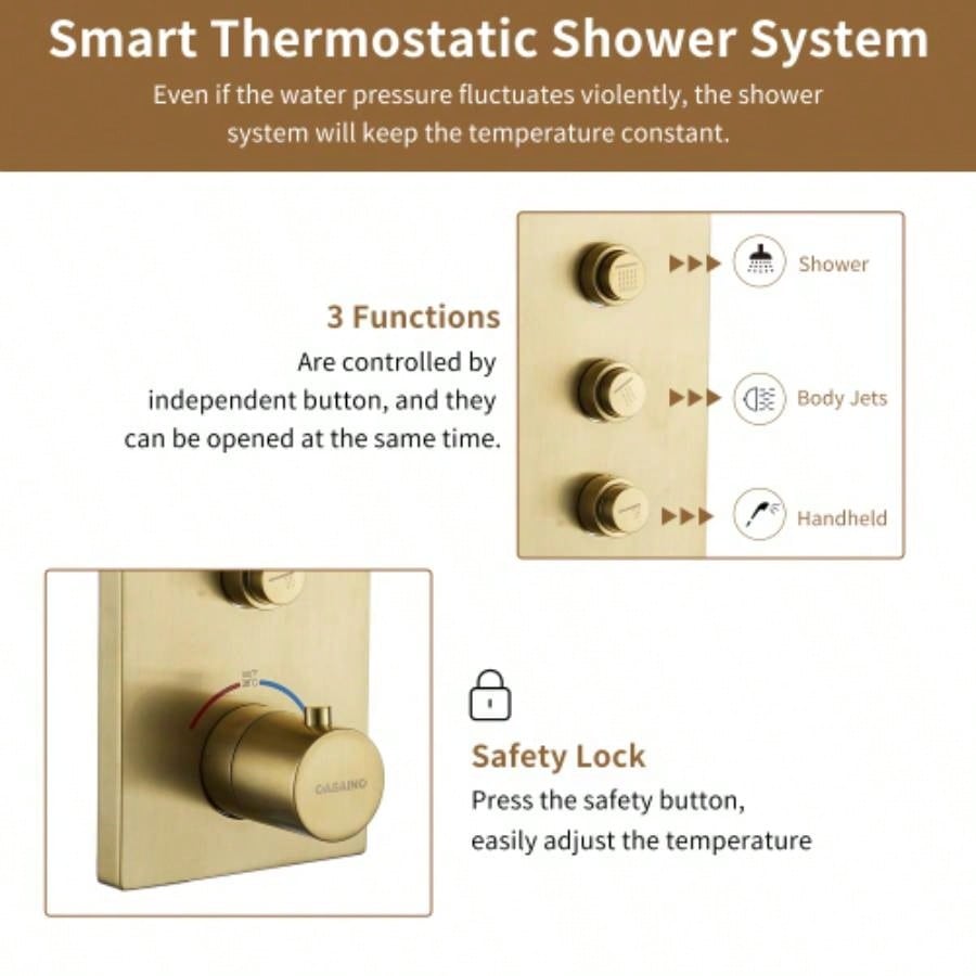 3 - Function 12 - Inch Ceiling - Mounted Thermostatic Shower System in Brushed Gold with Square Shower