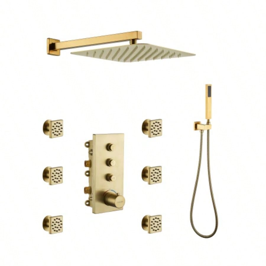 3 - Function 12 - Inch Ceiling - Mounted Thermostatic Shower System in Brushed Gold with Square Shower