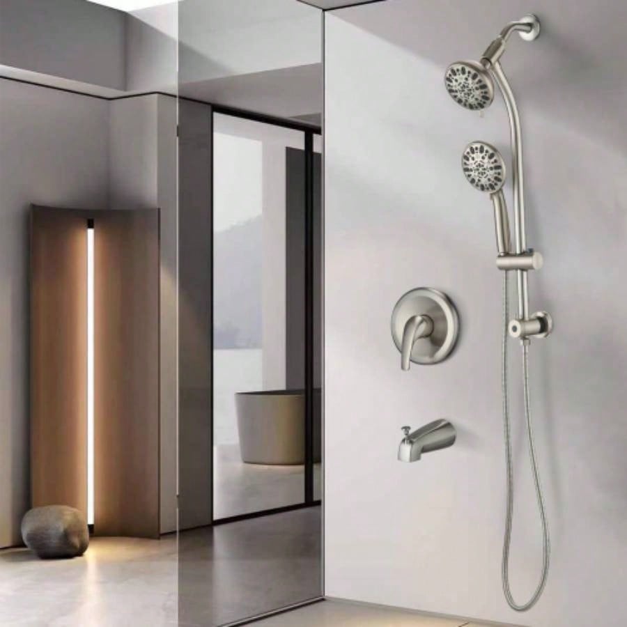 Drill - Stainless Steel Slide Bar Combo Rain Showerhead - Setting Hand, Dual Shower Spa System with Tup Spout Rough - in Included