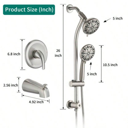 Drill - Stainless Steel Slide Bar Combo Rain Showerhead - Setting Hand, Dual Shower Spa System with Tup Spout Rough - in Included