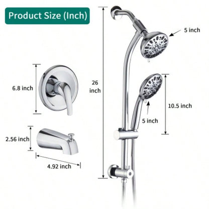 Drill - Stainless Steel Slide Bar Combo Rain Showerhead - Setting Hand, Dual Shower Spa System with Tup Spout Rough - in Included