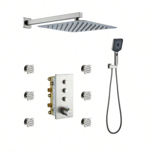 3 - Function 12 - Inch Wall - Mounted Thermostatic Shower System in Brushed Nickel with Square Shower