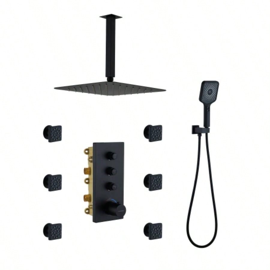 3 Functions 12 Inch Ceiling Mounted Thermostatic Shower System in Matte Black with square shower